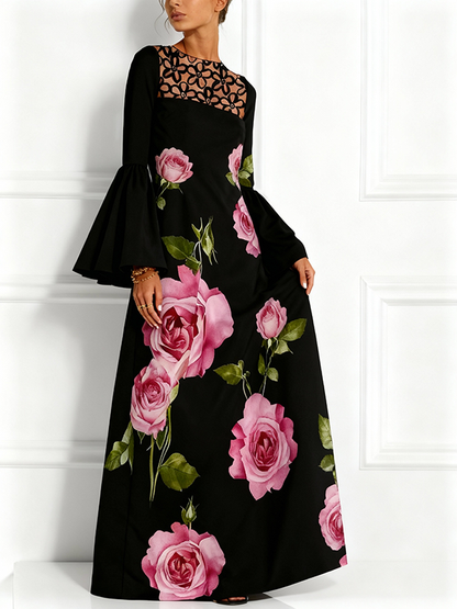 Flared Sleeves Long Sleeves Contrast Color Flower Print Hollow Print Split-Joint Round-Neck Maxi Dresses