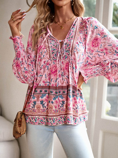 Long Sleeves Loose Contrast Color Drawstring Flower Print Pleated Split-Joint V-Neck Blouses&Shirts Tops
