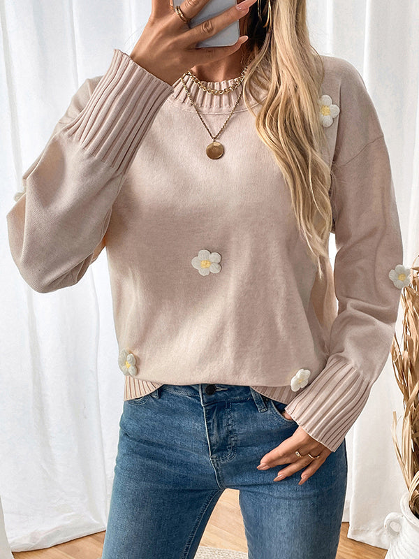 Long Sleeves Loose Split-Joint Three-Dimensional Flower Round-Neck Pullovers Sweater Tops