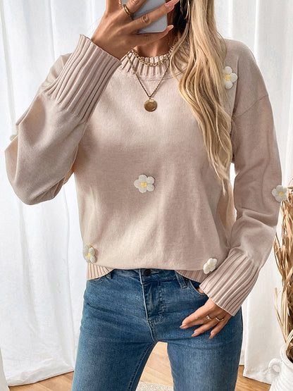 Long Sleeves Loose Split-Joint Three-Dimensional Flower Round-Neck Pullovers Sweater Tops