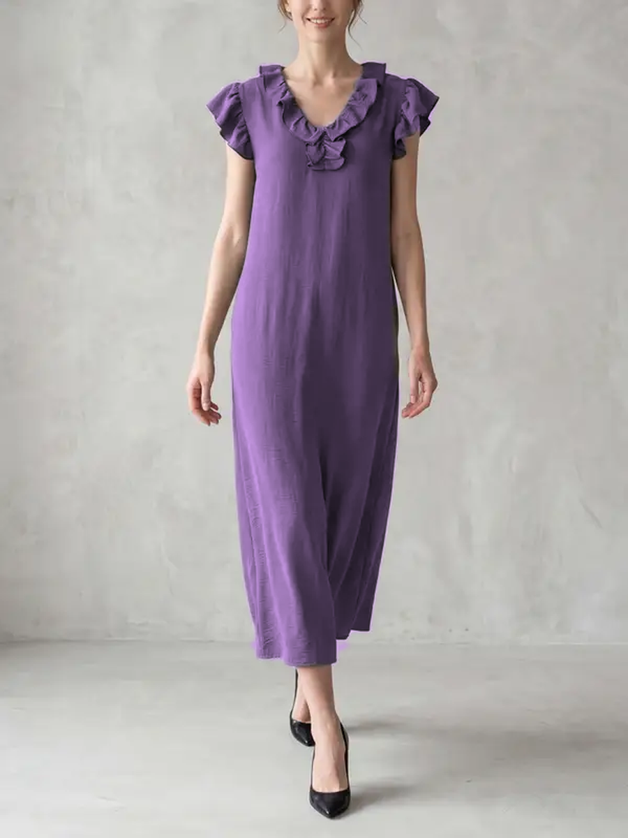 Loose Plus Size Pockets Ruffle Trim Solid Color V-Neck Maxi Dresses