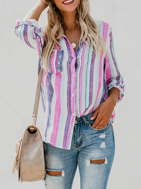 High-Low Long Sleeves Buttoned Pockets Striped Lapel Blouses&Shirts Tops