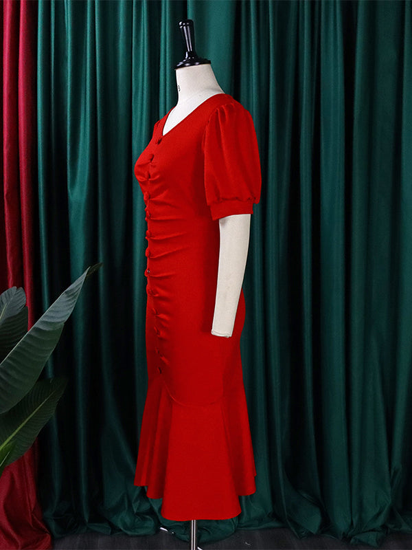 Bodycon Mermaid Pleated Solid Color Zipper V-Neck Midi Dresses