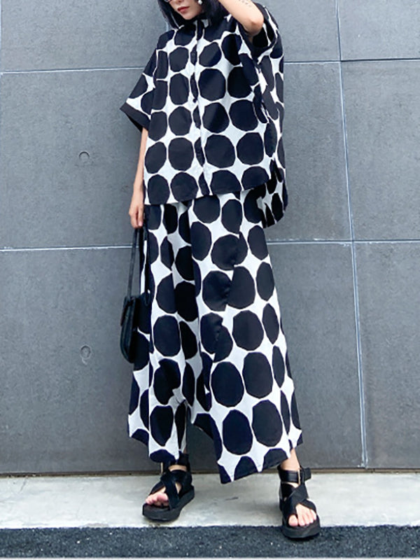 Batwing Sleeves Buttoned Polka-Dot Round-Neck Shirts Top + Elasticity Pockets Harem Pants Pants Bottom Two Pieces Set