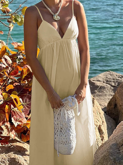 Solid Color Pleated Elasticity Backless Sleeveless High Waisted Spaghetti-Neck Midi Dresses
