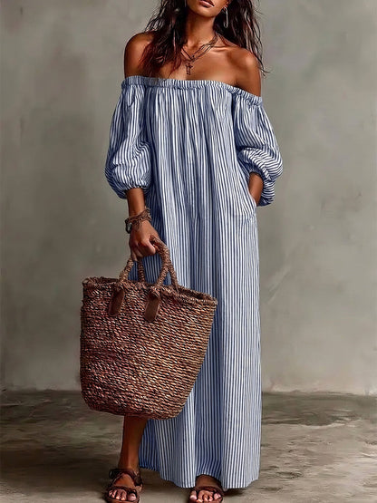Striped Pockets Elastics Three-quarter Sleeves Plus Size Off-the-shoulder Midi Dresses