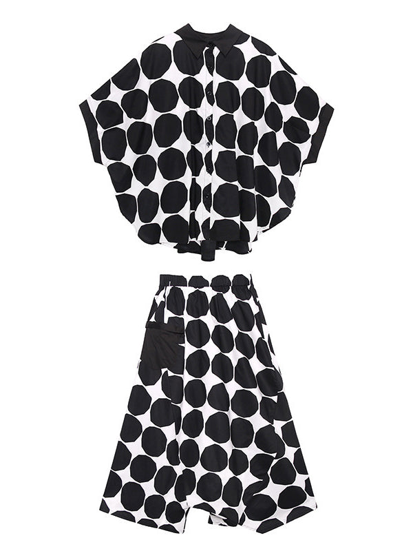Batwing Sleeves Buttoned Polka-Dot Round-Neck Shirts Top + Elasticity Pockets Harem Pants Pants Bottom Two Pieces Set