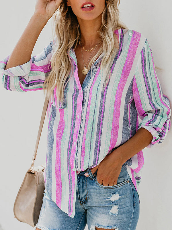 High-Low Long Sleeves Buttoned Pockets Striped Lapel Blouses&Shirts Tops