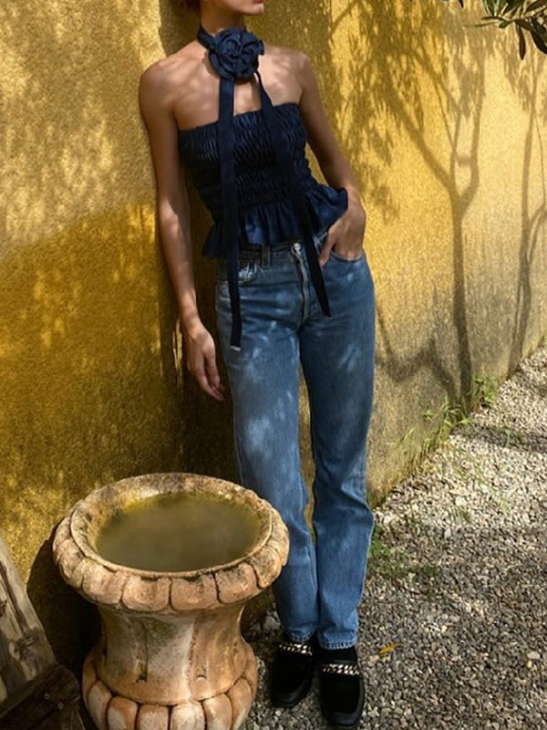 Skinny Sleeveless Elasticity Pleated Ruffled Three-Dimensional Flower Tied Waist Tube Vest Top