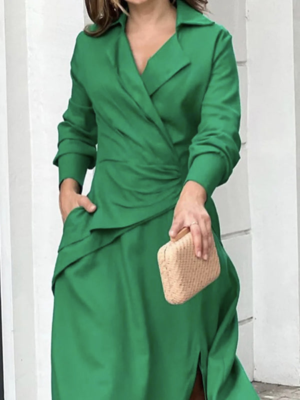 Loose Solid Color Split-Side Notched Collar Maxi Dresses