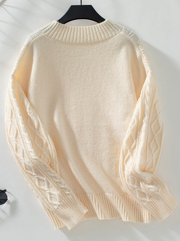 Long Sleeves Loose Solid Color Split-Joint V-Neck Pullovers Sweater Tops