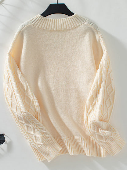 Long Sleeves Loose Solid Color Split-Joint V-Neck Pullovers Sweater Tops