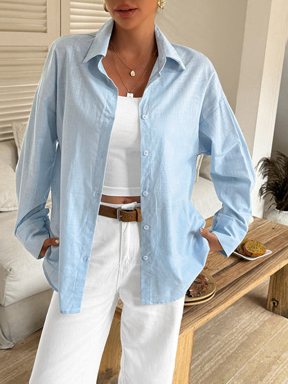 Long Sleeves Loose Buttoned Solid Color Lapel Blouses&Shirts Tops