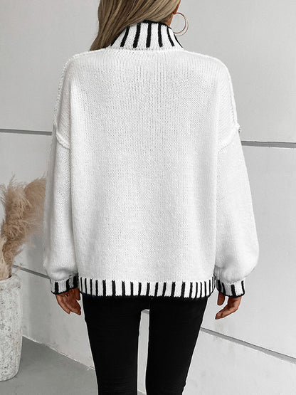 Long Sleeves Loose Contrast Color Split-Joint High Neck Pullovers Sweater Tops