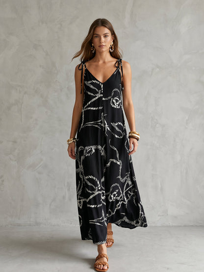 A-Line Loose Backless Contrast Color Drawstring Printed Spaghetti-Neck Midi Dresses