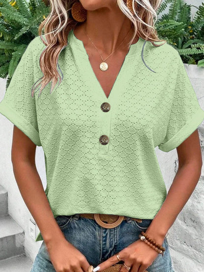 Loose Plus Size Buttoned Jacquard Split-Joint V-Neck T-Shirts Tops