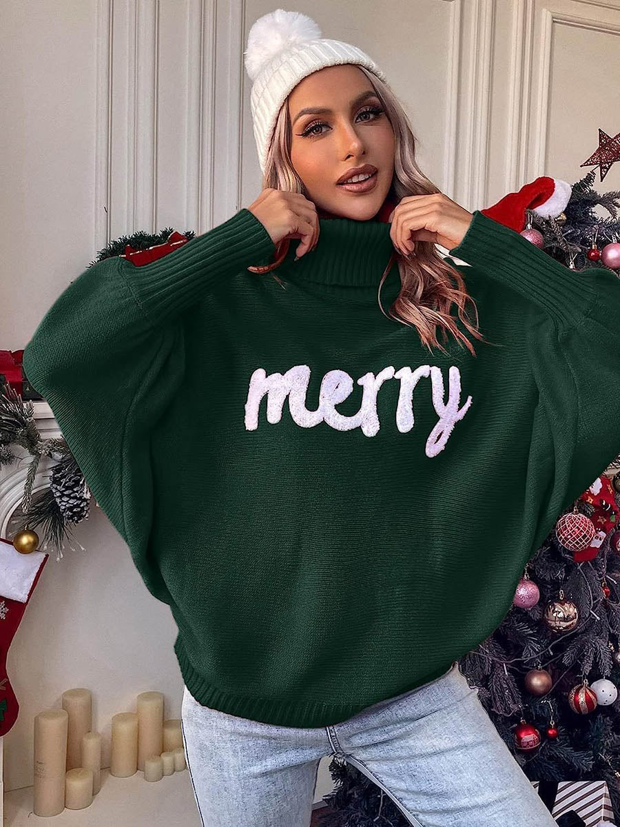 Long Sleeves Loose Contrast Color Printed Split-Joint High Neck Sweater Tops