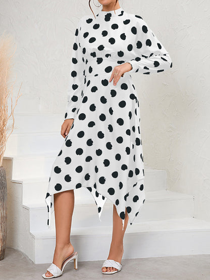 A-Line Long Sleeves Elasticity Hollow Polka-Dot Mock Neck Midi Dresses