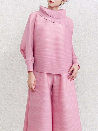 Batwing Sleeves Loose Pleated Solid Color Mock Neck Blouses&Shirts Tops