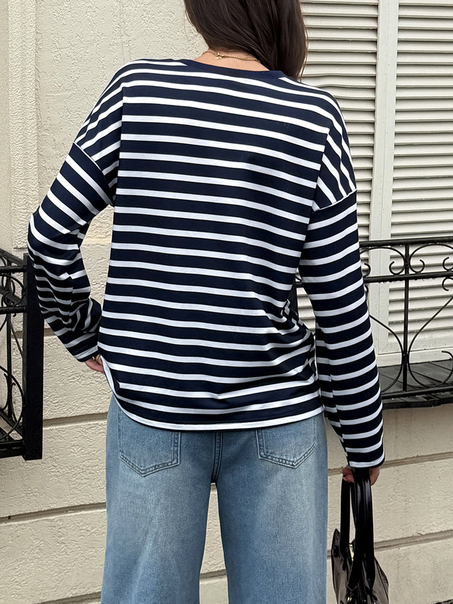 Striped Long Sleeves Bloomers Round-neck Sweatshirt Tops