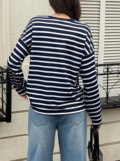 Striped Long Sleeves Bloomers Round-neck Sweatshirt Tops