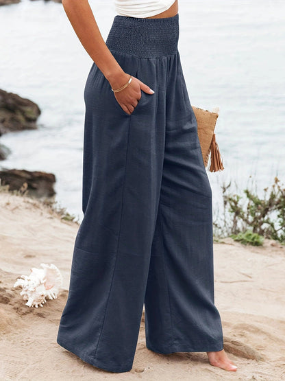 Elasticated Waist High Waisted Pleated Pockets Solid Color Split-Joint Pants