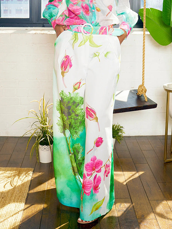 High Waisted Straight Leg Asymmetric Floral Printed Split-Joint Pants Trousers