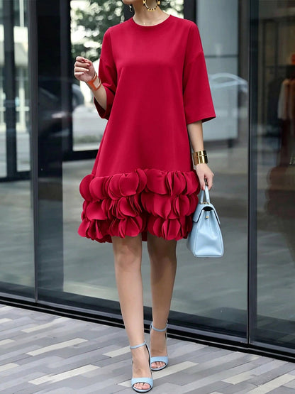 A-Line Loose Solid Color Split-Joint Three-Dimensional Flower Round-Neck Midi Dresses-1