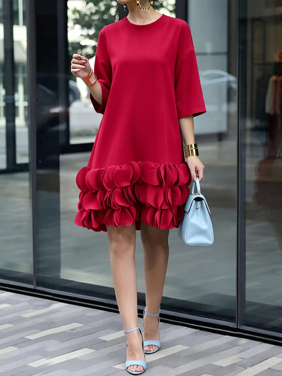 A-Line Loose Solid Color Split-Joint Three-Dimensional Flower Round-Neck Mini Dresses