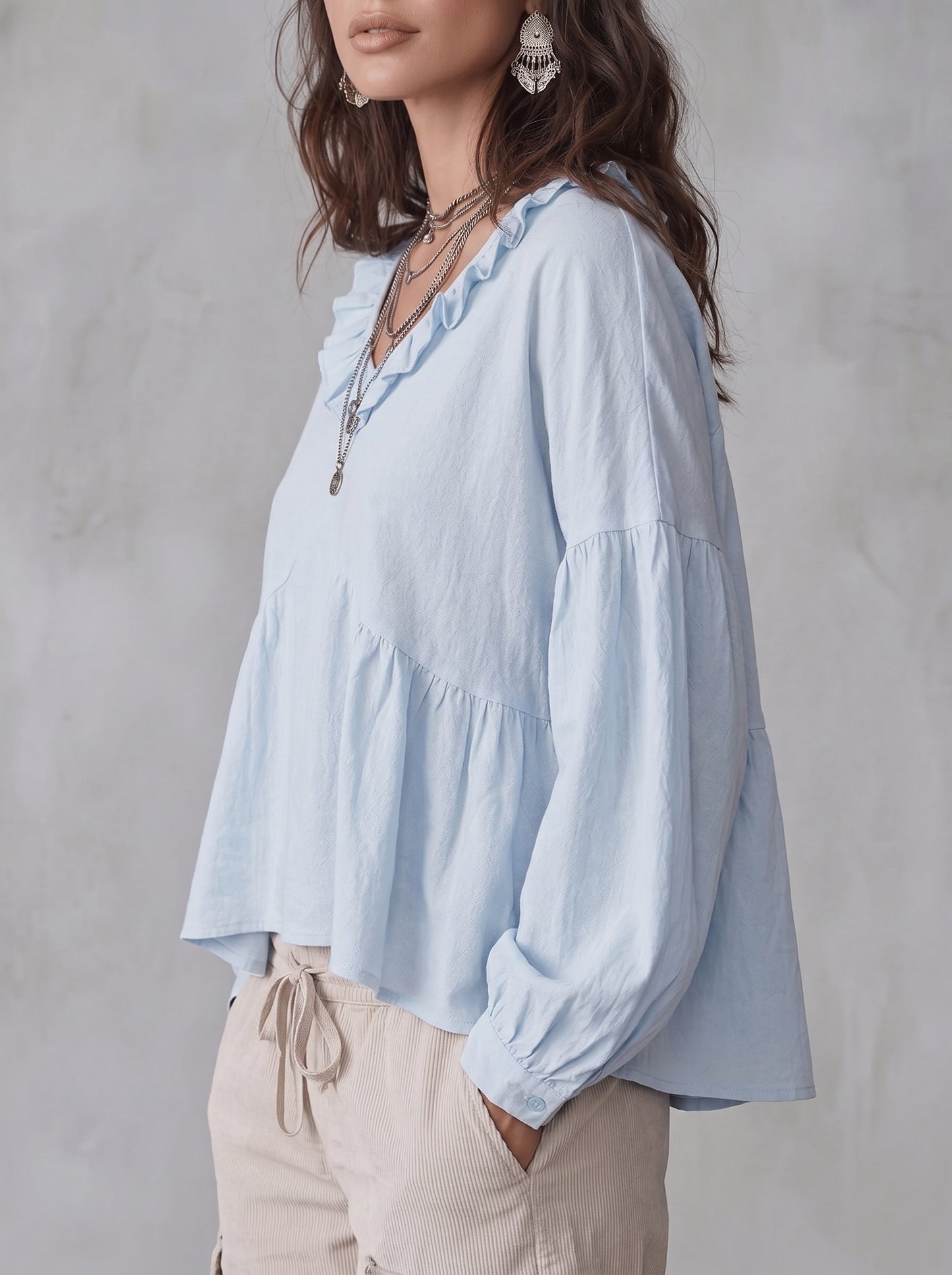 Long Sleeves Loose Pleated Ruffle Trim Solid Color Split-Joint Deep V-Neck Blouses&Shirts Tops