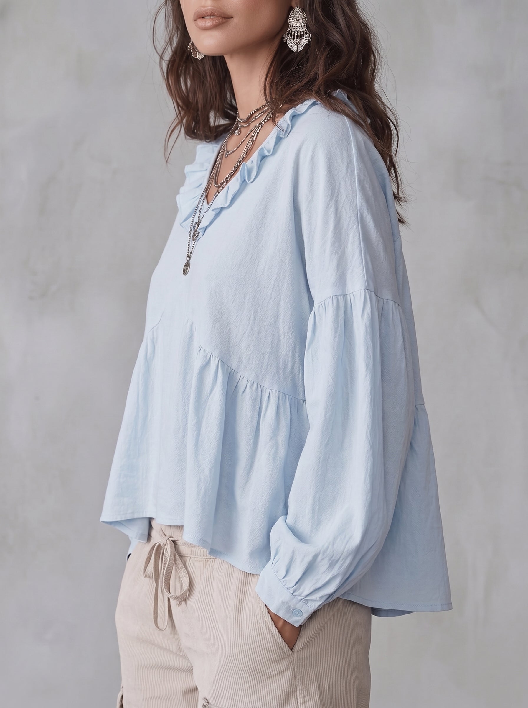 Long Sleeves Loose Pleated Ruffle Trim Solid Color Split-Joint Deep V-Neck Blouses&Shirts Tops