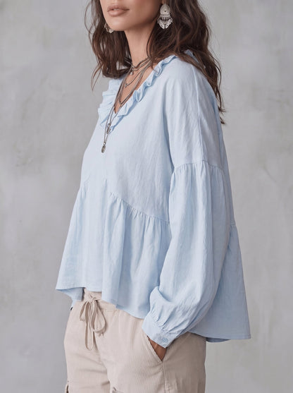 Long Sleeves Loose Pleated Ruffle Trim Solid Color Split-Joint Deep V-Neck Blouses&Shirts Tops