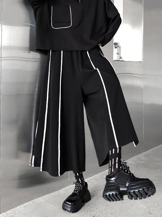 Vintage Loose Wide Leg Contrast Color Striped Elasticity Split-Joint Casual Pants Bottoms