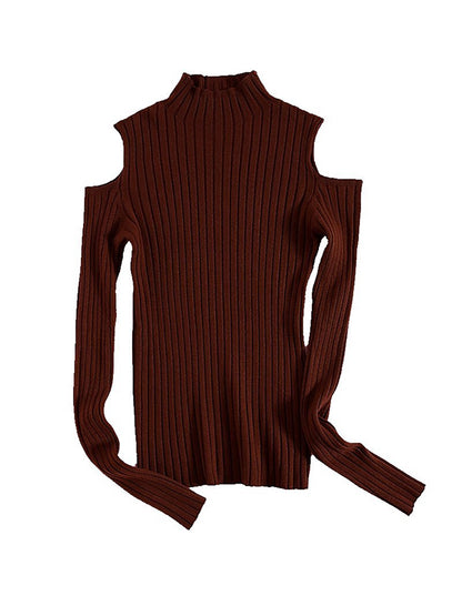 Long Sleeves Skinny Hollow Solid Color Mock Neck Knitwear Pullovers Sweater Tops