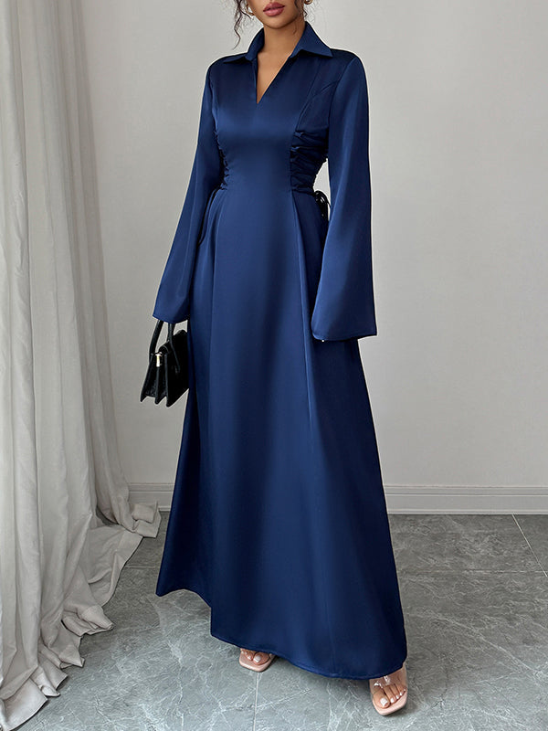 Flared Sleeves High Waisted Solid Color Tied Lapel Maxi Dresses