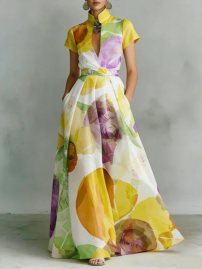 A-Line Loose Pleated Pockets Printed Zipper Stand Collar Maxi Dresses