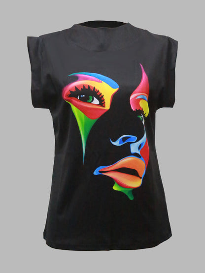Cap Sleeve Loose Multi-Colored Printed High-Neck T-Shirts Tops