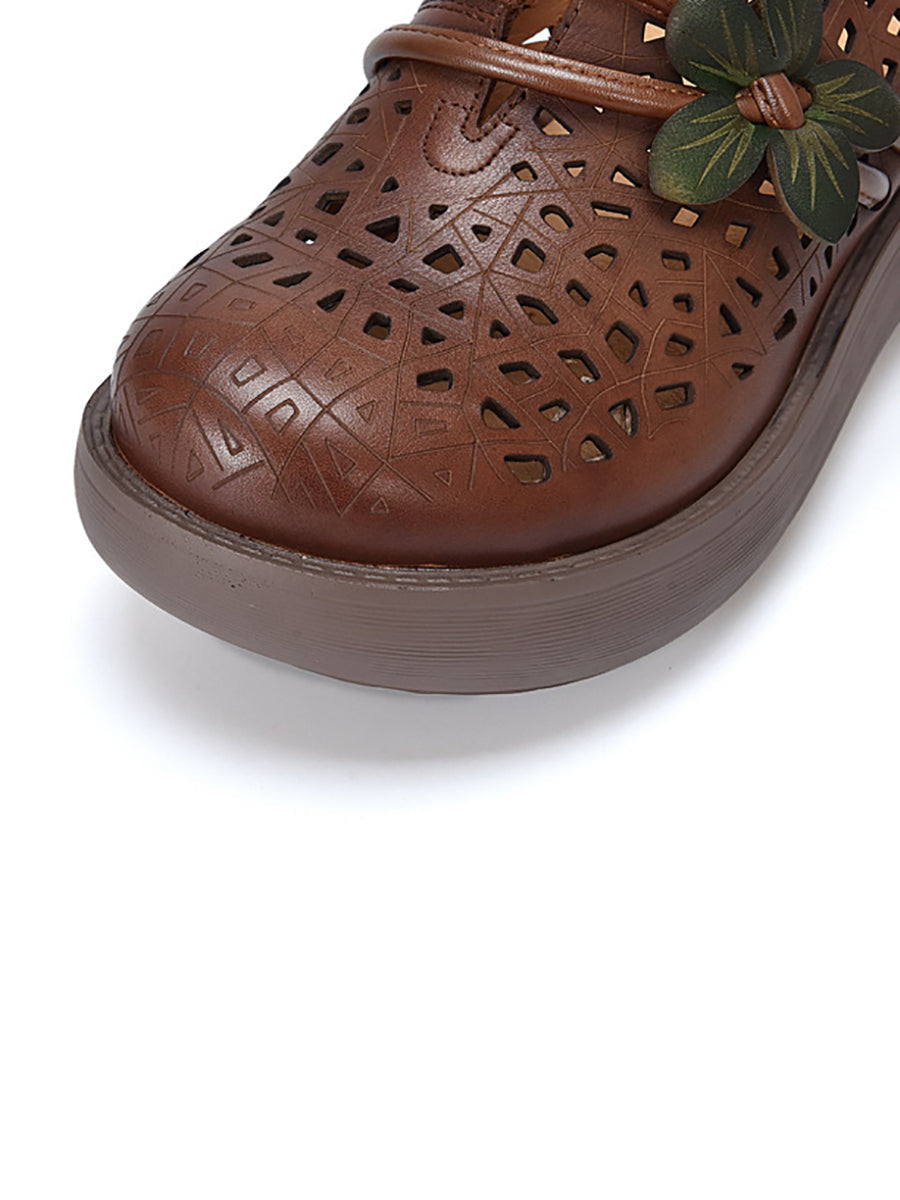 Women Ethnic Leather Flower Hollow Out Platform Slippers