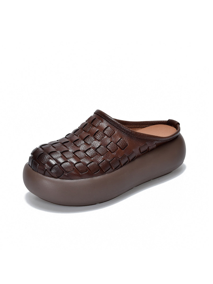 Women Genuine Leather Weave Platform Slippers