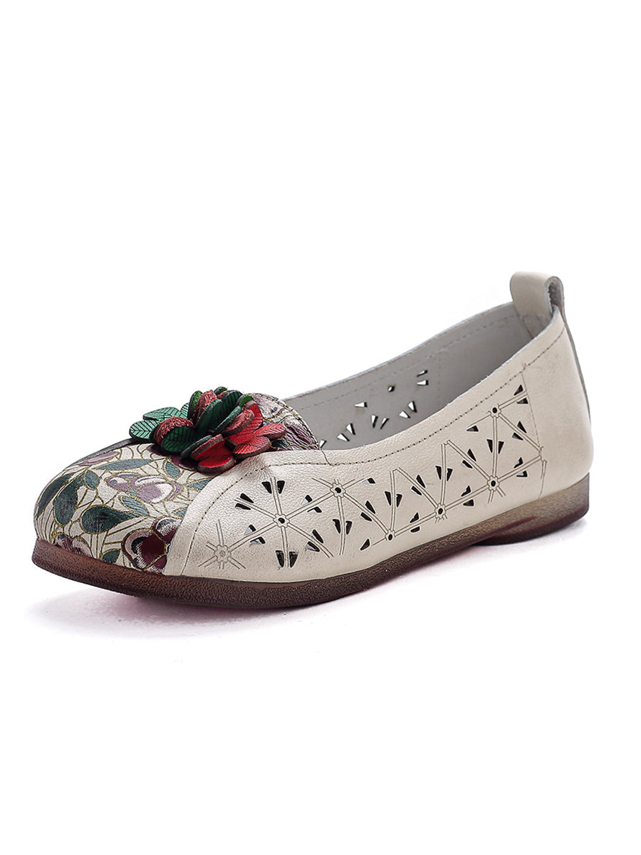 Women Summer Ethnic Flower Leather Spliced Shoes