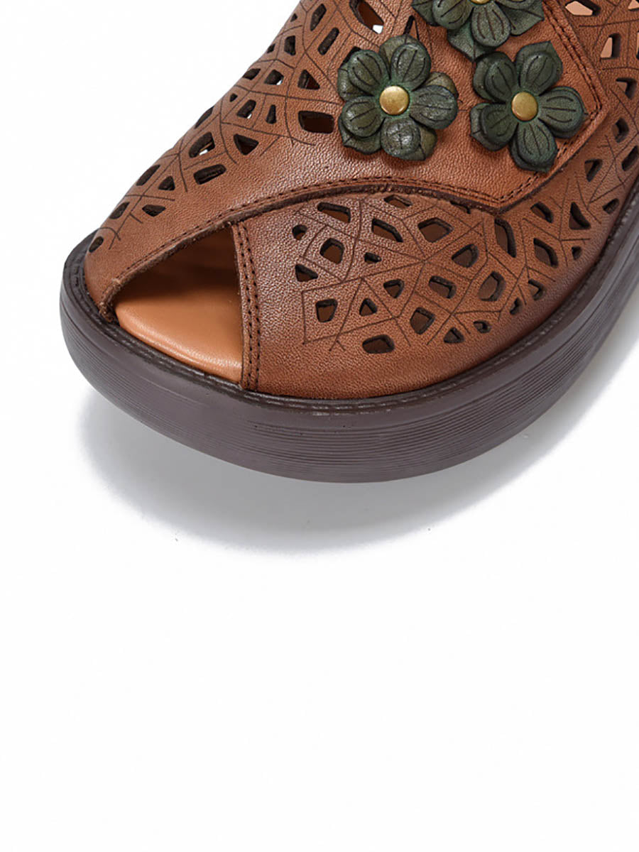 Women Ethnic Flower Leather Hollow Out Platfrom Slippers