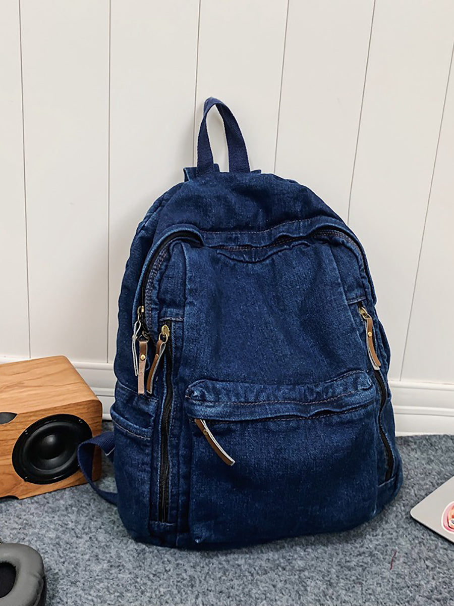 Women Casual Solid Large Capacity School Denim Backpack