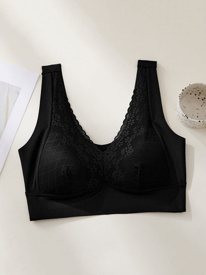 Women Artsy Pure Color Lace Satin Seamless Bra