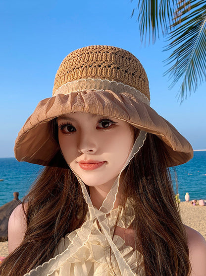 Women Summer Knitted Bowknot Spliced Sunproof Hat