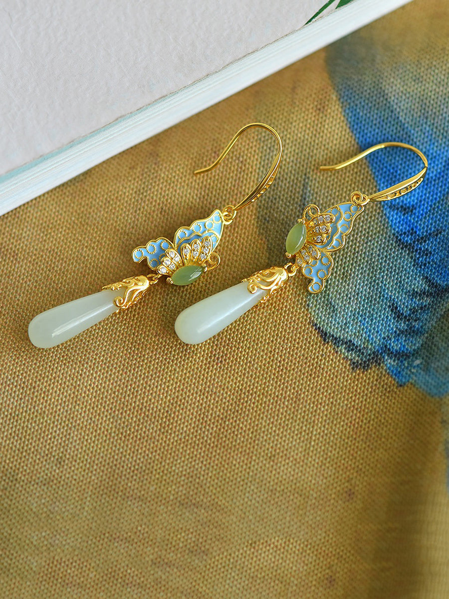 Women Ethnic Jade Enamel Butterfly S925Silver Earrings