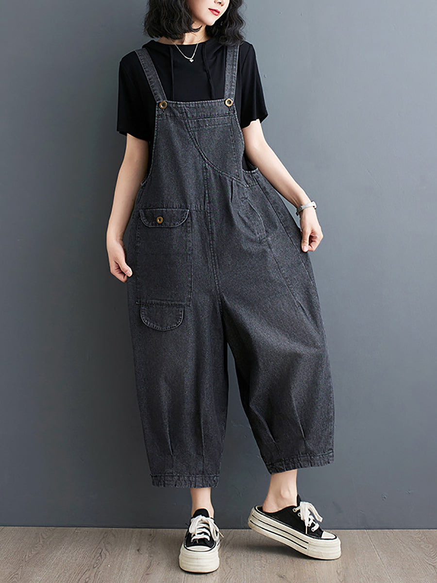Plus Size Women Summer Solid Casual Loose Denim Jumpsuits