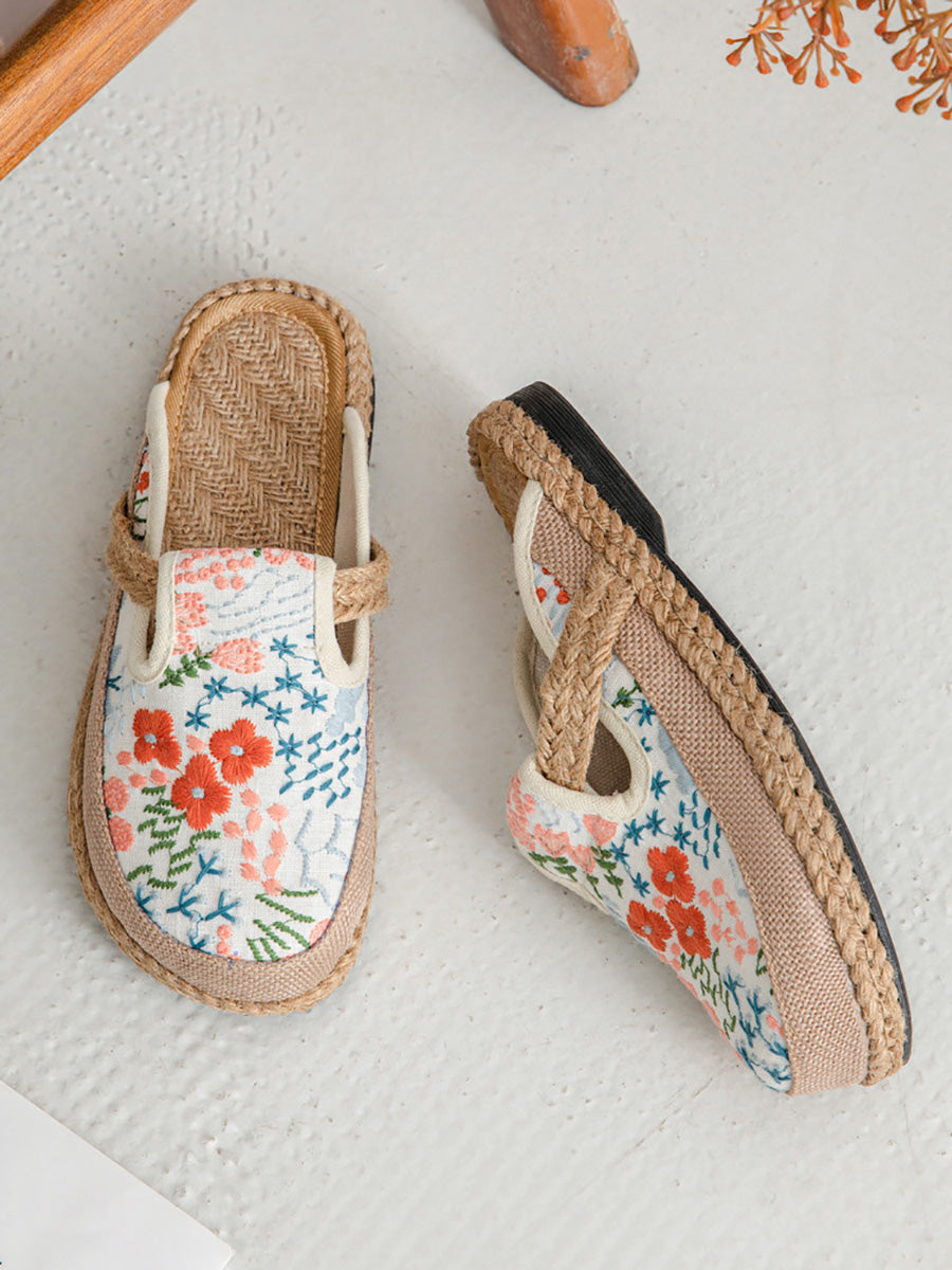 Women Summer Ethnic Flower Embroidery Cotton Slippers