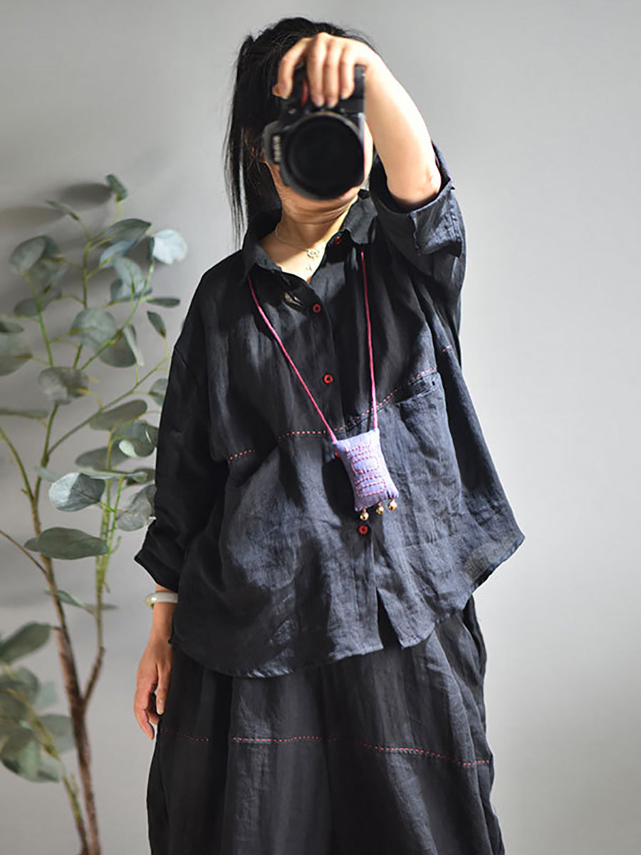 Plus Size Women Casual Solid Spring Stitching Linen Shirt