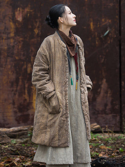 Women Winter Ethnic Solid Ramie Padded Long Coat