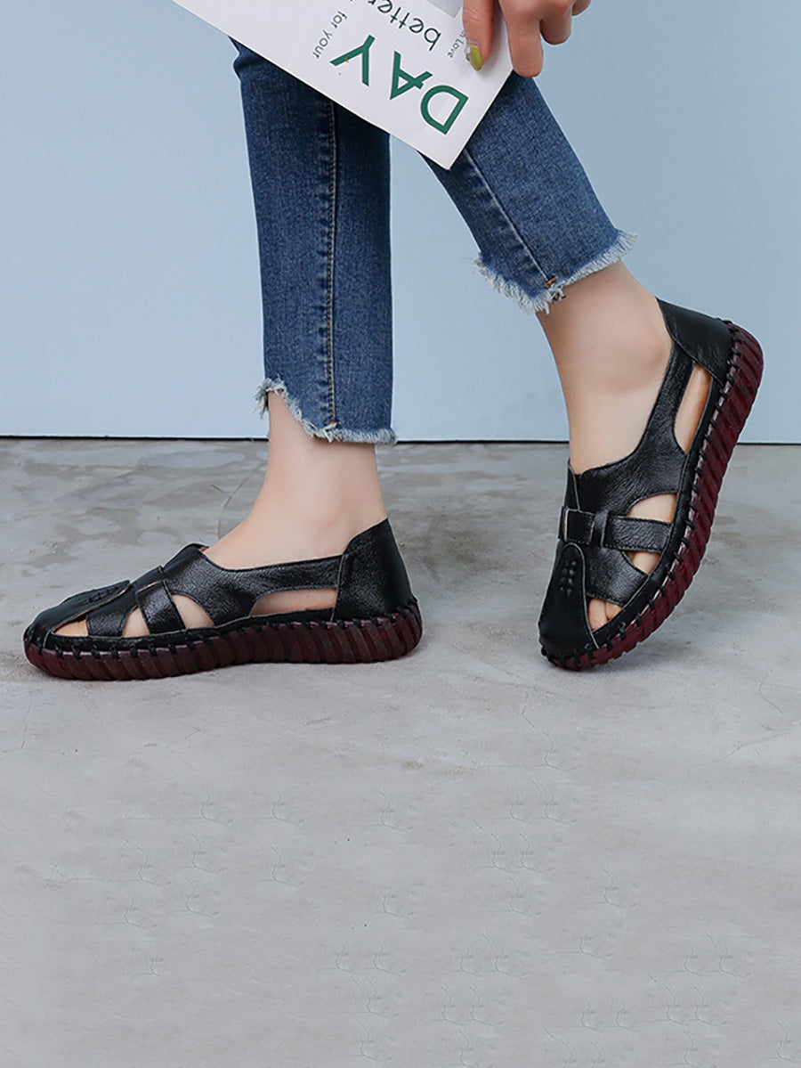 Women Summer Leather Spliced Flat Sandals